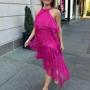 Women’s Sleeveless Asymmetrical Tiered Pink Midi Dress Size Medium